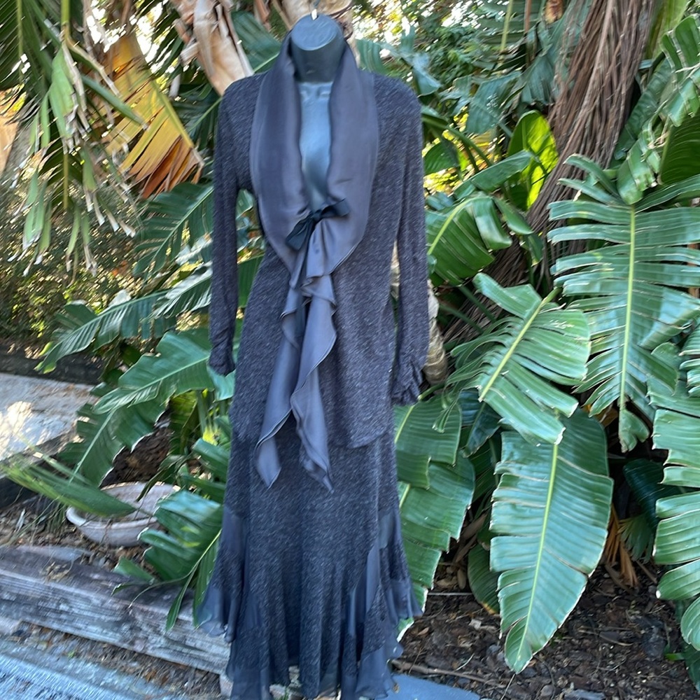 V Cristina ruffle front bow, asymmetric, maxi skirt and top